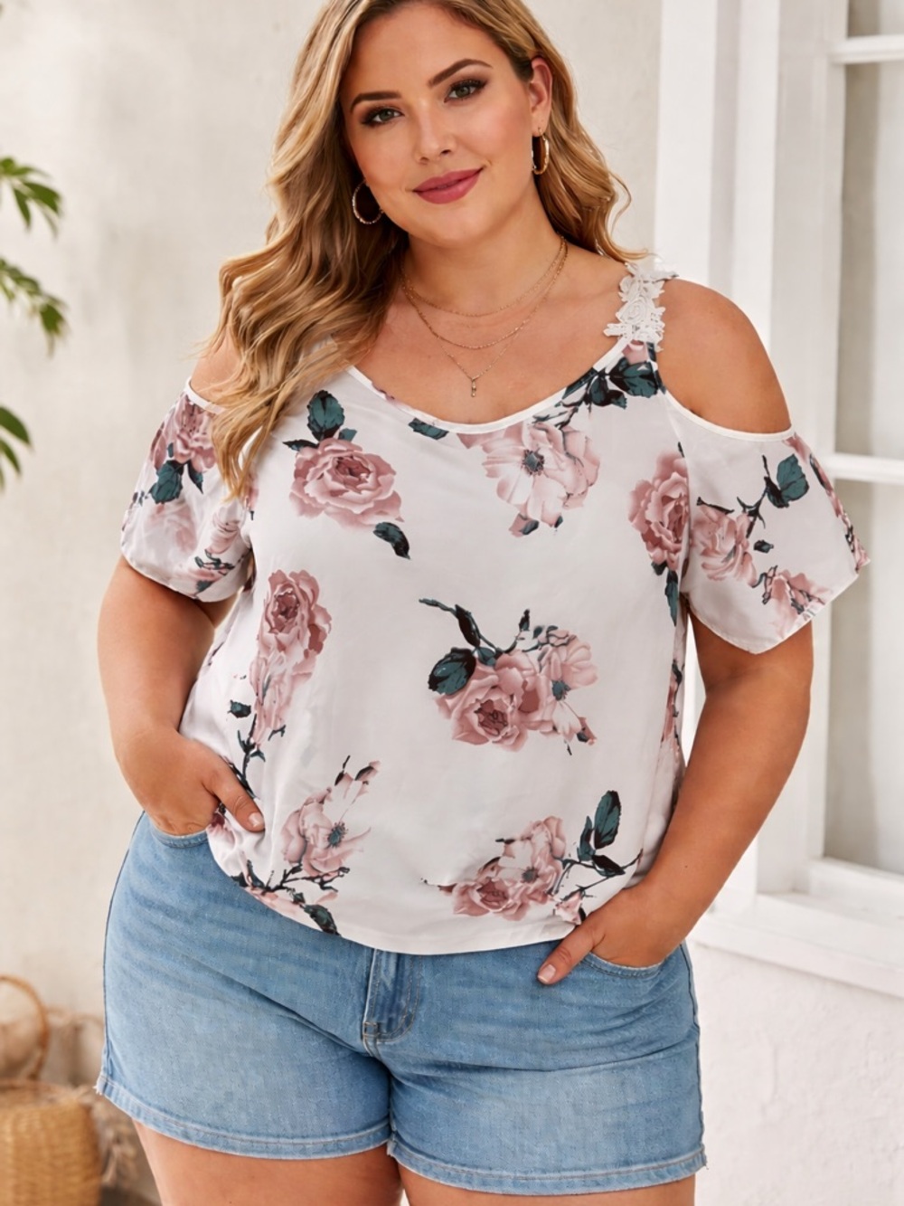 SHEIN 4XL White Pink Rose Floral Cold Shoulder Top Plus Size Boho Chic